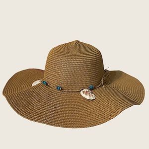 Floppy Wide Brim Straw Seashell Accent Beige Hat